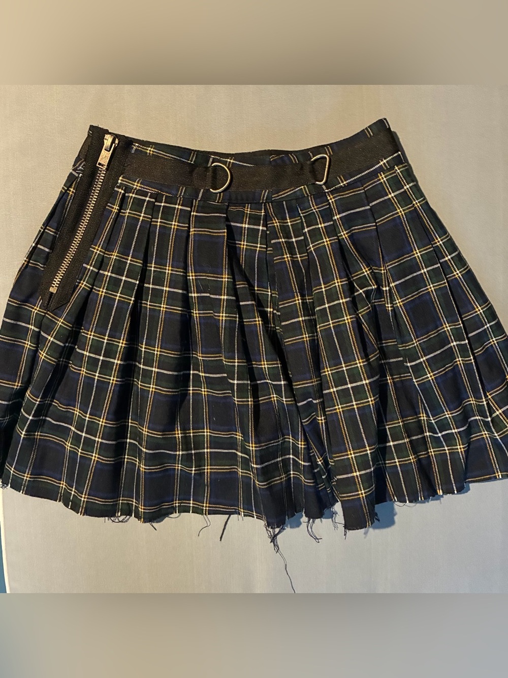 Current Mood Navy and Black Plaid Pleated Mini Skirt with Zip & Ring Detail